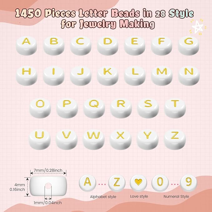1400 Pcs Letter Beads Kit, 28 Styles White Acrylic Alphabet Letter Beads for Jewelry Making wiht Number Heart Bead Friendship Bracelet Kit