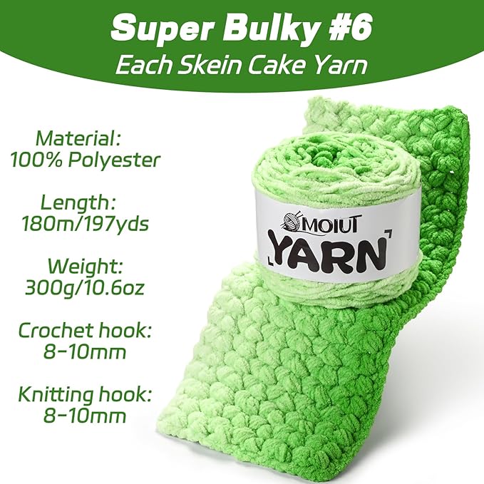 Blanket Perfect Ombre Cake Yarn - Baby Yarn for Crocheting Soft - 3 Pack of 10.6oz/300g - #6 Super Bulky - 197 Yards for Knitting, Crafts & Amigurumi, Chunky Chenille Yarn(3 Tea Green)