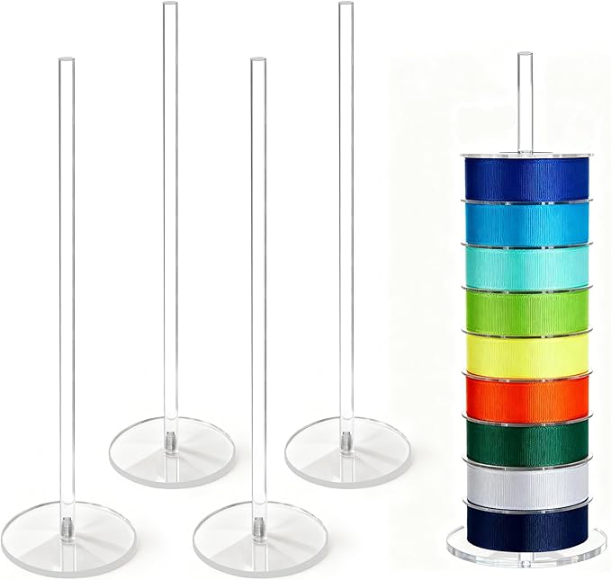 4Pcs Acrylic Ribbon Holder Rack,Washi Tape Organizer Wire Spool Stand Clear Acrylic Pack RibbonTape for for Sewing and Craft Rooms