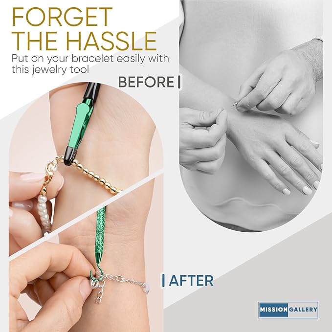 Bracelet Helper Tool with Hook - Fastener Helper Tool for Bracelet, Necklace, Jewelry, Watch - Clip, Clasp Helper - Portable, Easy-to-Use, Made of Metal - Emerald