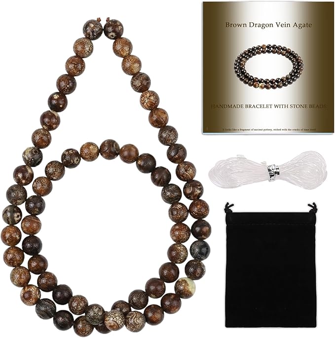 Stone Beads, 60pcs Brown Dragon Vein Agate, 6mm Round Loose Beads for Jewelry Making, Bracelets, with Bag, String & Card