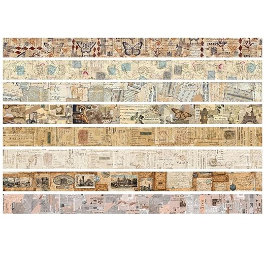 YUBX Vintage Washi Tape Set 8 Rolls Thin Retro Decorative Antique Patterns Masking Tapes for Arts, DIY Crafts, Journals, Planners, Scrapbook, Wrapping (Junk Books)