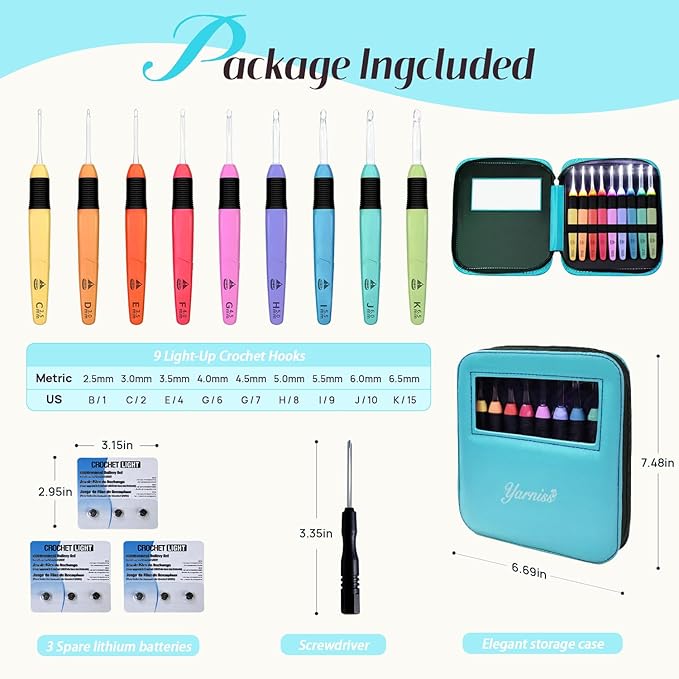 Yarniss 9 Piece LED Light Up Crochet Hook Set, LED Hooks for Dark Yarns (2.5mm-6.5mm) with 3 Replacement Battery Packs