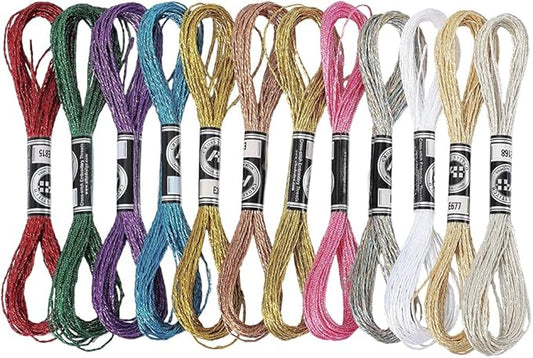 12 Skeins 12 Colors Metallic Embroidery Floss Colorful Glitter Cross Stitch Tassel Thread Polyester Friendship Bracelets Shimmer Crewel String Bulk Set for Hand Sewing Making Knitting Craft