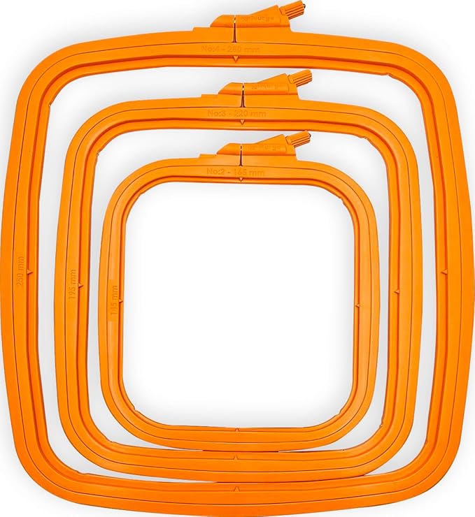 nurge square embroidery hoop - plastic cross stitch frame for needlepoint & embroidery - adjustable craft hoop - orange - set of 3