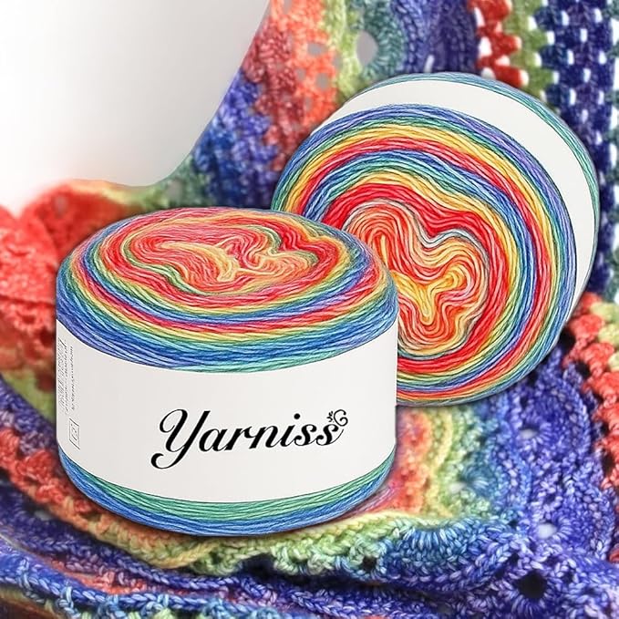 Yarniss Crochet Cake Yarn for Knitting, Gradient-Colored Ombre Yarn for Blanket&Shawl, Rainbow Cotton Yarn 2x150g