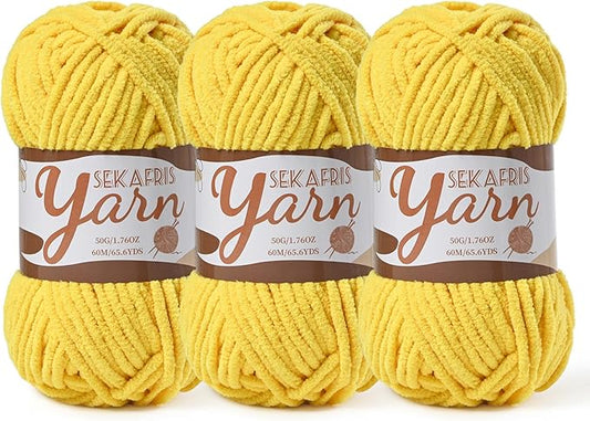 3 Pack Fluffy Velvet Yarn for Crocheting，Baby Blanket Yarn for Crocheting Soft，150g(196.8yds) Amigurumi Yarns，Plush Chenille Crochet Yarns，Puzzle Yarn for Crochet Weaving Craft(3 Golden Yellow)