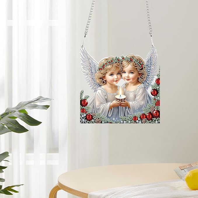 JZHYOAN Diamond Painting Art Hanging Kit Angel DIY Hanging Diamond Craft Pendant Acrylic pendant Ornaments Craft Kits Crystal Arts pendant Wind Chimes with Diamonds Art Window Pendants Craft for Adult