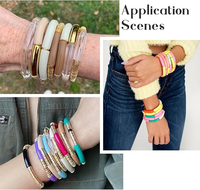 Sparkeads 120PCS Bamboo Tube Bracelet Making Kit for Women Friendship Bracelet Gift Stacking Bangles Chunky Curved Acrylic Beads Metal Spacers Elastic Thread Bracelet Beads