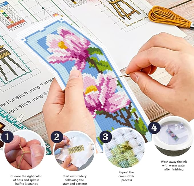 ORIGACH 6 Set Magnolia Cross Stitch Bookmark Kits for Beginner, Flowers Stamped Cross Stitch Kits with Instructions for Adults Bookmarks Lovers