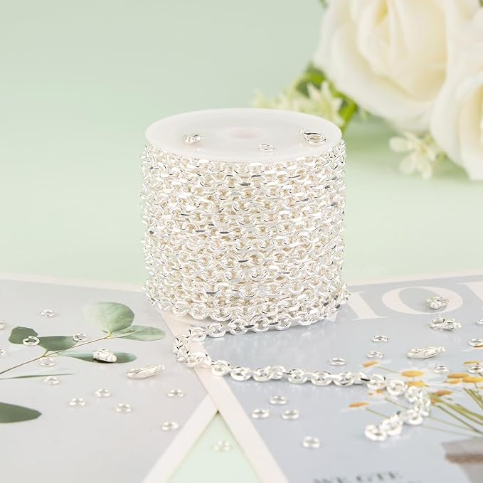 KYUNHOO 16.4 Feet Silver Jewelry Making Chains Bulk on Spool Oval Cable Chain Links for Women Men DIY Crafts with Jump Rings Lobster Clasps Supplies