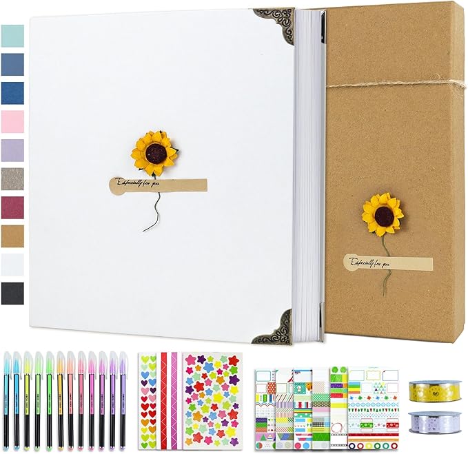Vienrose DIY Scrapbook Photo Album Kit with Pens Tapes and Stickers 60 Pages Hardcover 12x12 Inches 3 Rings Removable Black Paper Scrapbooking for Lover Friends Kids Wedding White