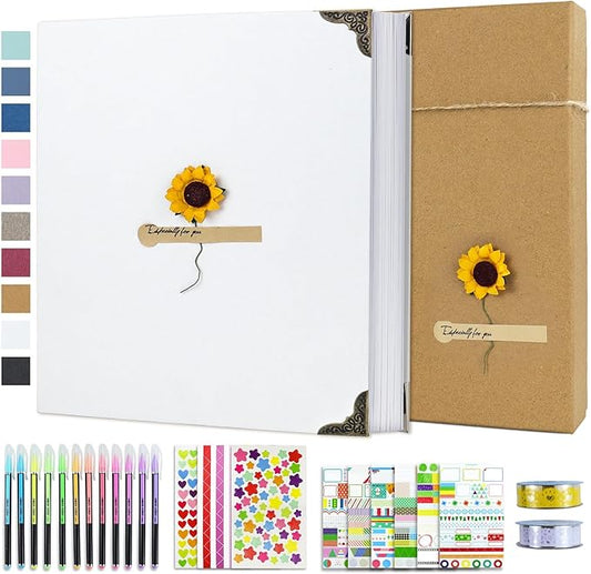 Vienrose DIY Scrapbook Photo Album Kit with Pens Tapes and Stickers 60 Pages Hardcover 12x12 Inches 3 Rings Removable Black Paper Scrapbooking for Lover Friends Kids Wedding White