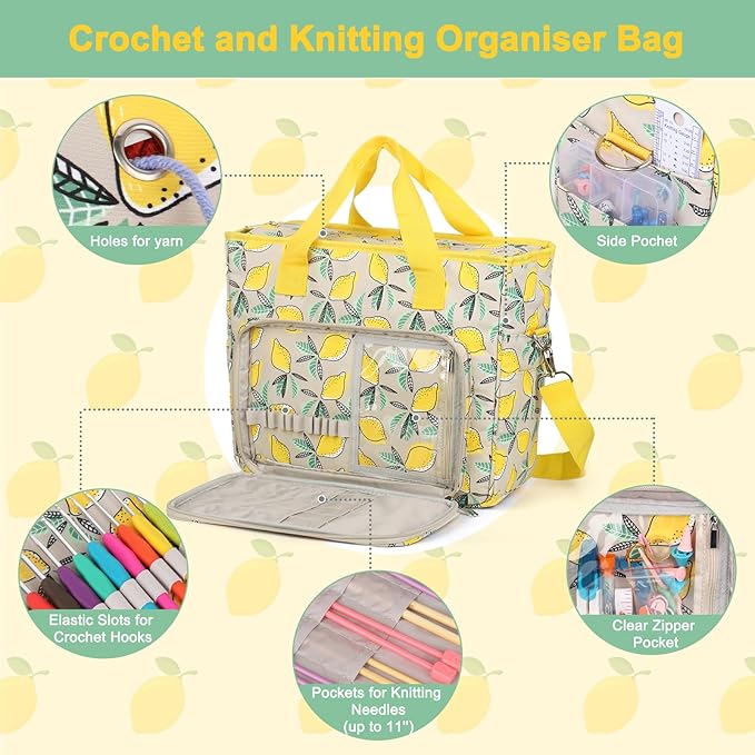 Yarn Storage Organizer Travel Crochet Bag, Large Capacity Tote Bag Knitting Bag for Carrying Projects, Knitting Needles, Crochet Hooks and Yarn, Fruit Yellow Lemon