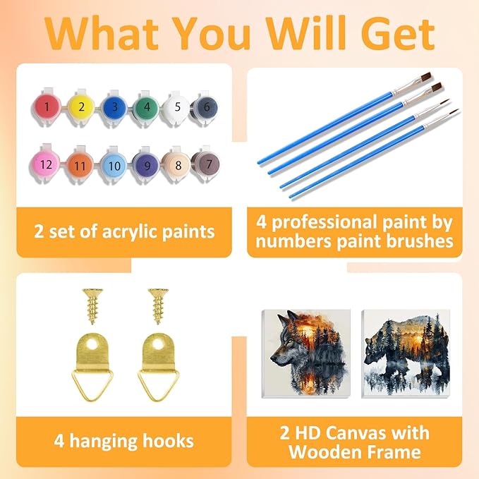 2 Pack Paint by Number for Adults Beginner, Bear Painting by Number Kit, Wolf Easy Acrylic Painting by Number on Canvas, Animal Paint by Numbers for Home Wall Art Decor with frame (11.8x11.8Inch)