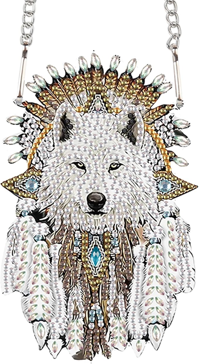 AiYuanzsh White Wolf Diamond Painting Hanging Ornament – DIY 5D Crystal Art Kit with Feathers, Tribal Totem Style Diamond Art Pendant Ornament Wall or Window Decoration for Adults