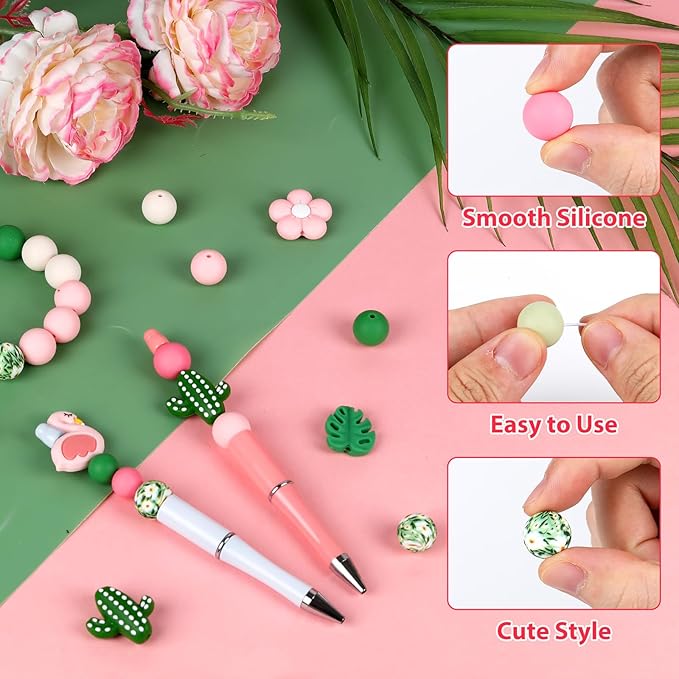 120pcs Silicone Beads for Keychain Making,Focal Beads and 15mm 12mm Silicone Beads for Pens Bracelet Making DIY kit (Flamingo)