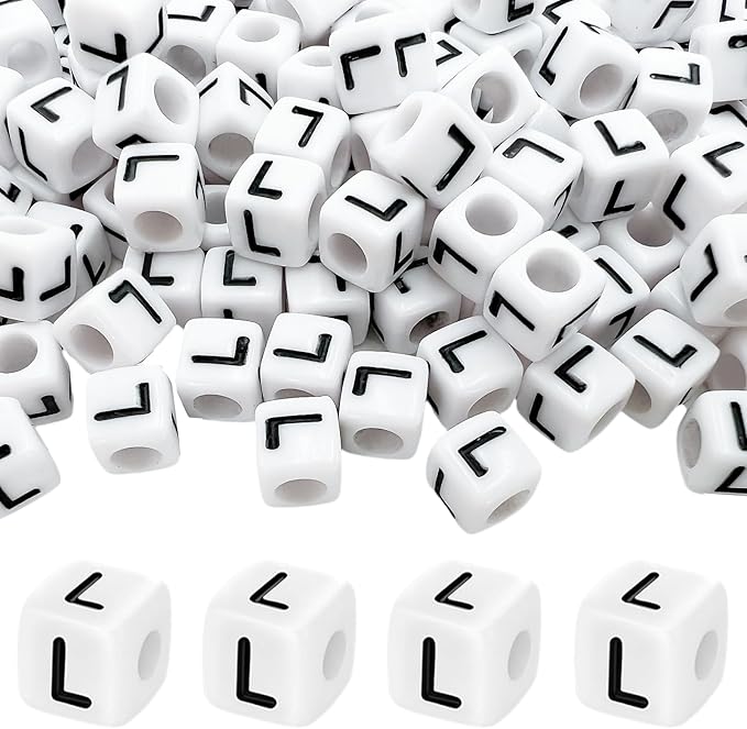 MIIIM 100pcs Pony Beads Letter L for Keychains Making, 6x6mm Large Hole Square Letter Beads for Bracelets Making, Alphabets, Numbers (White and Black)