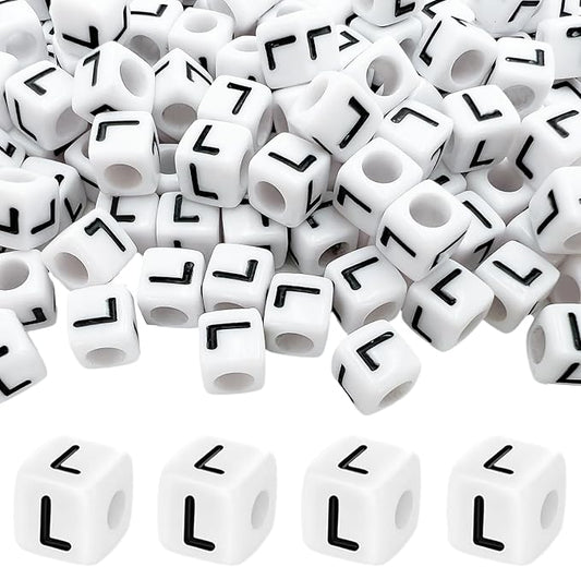 MIIIM 100pcs Pony Beads Letter L for Keychains Making, 6x6mm Large Hole Square Letter Beads for Bracelets Making, Alphabets, Numbers (White and Black)