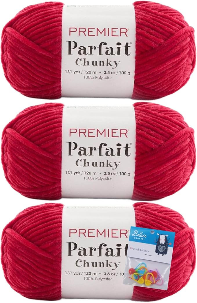 Premier Yarns Parfait Chunky Chenille Yarn 3.5 Oz 6 Super Bulky Weight 3 Pack Bundle with Bella's Stitch Place Holders (Candy Apple)