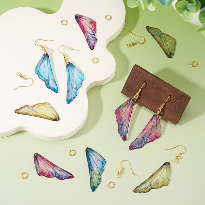 FASHEWELRY 16Pcs Resin Butterfly Wing Charms Yellow Pink Blue Feather Earring Charms Transparent Glitter Insect Wings Pendants with Jump Rings Earrings Hooks for DIY Earring Jewelry Making
