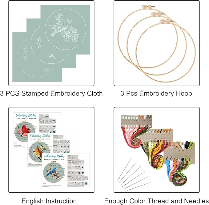 Louise Maelys 3 Sets Bird Embroidery Kits for Beginners,Adults Starter Flower Pattern Cross Stitch Kit DIY Needlepoint Kits with Embroidery Instructions
