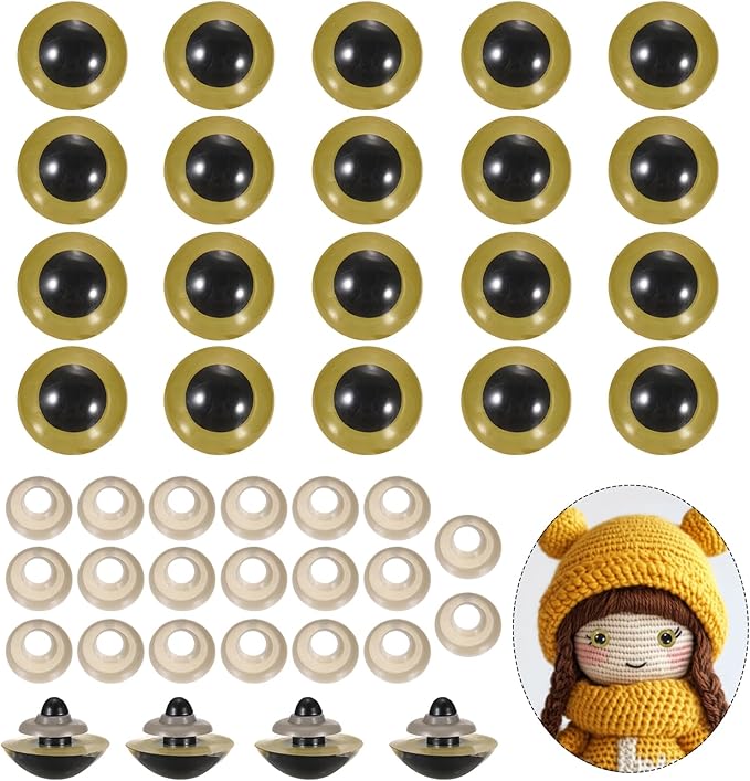 PATIKIL 30mm Safety Eyes, 20Pcs Realistic Doll Crocheting Safety Eyes with Washers for Decor Crochet Accessories Dolls Craft Halloween, Gold Tone