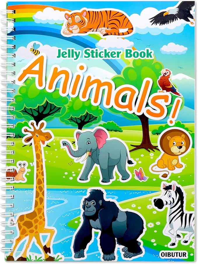 oibutur jelly sticker books for toddlers 2-4 years, reusable sticker book for kids 1-3, toddler stocking stuffers＆travel essentials animals stickers for kids toddler plane activities (animals)