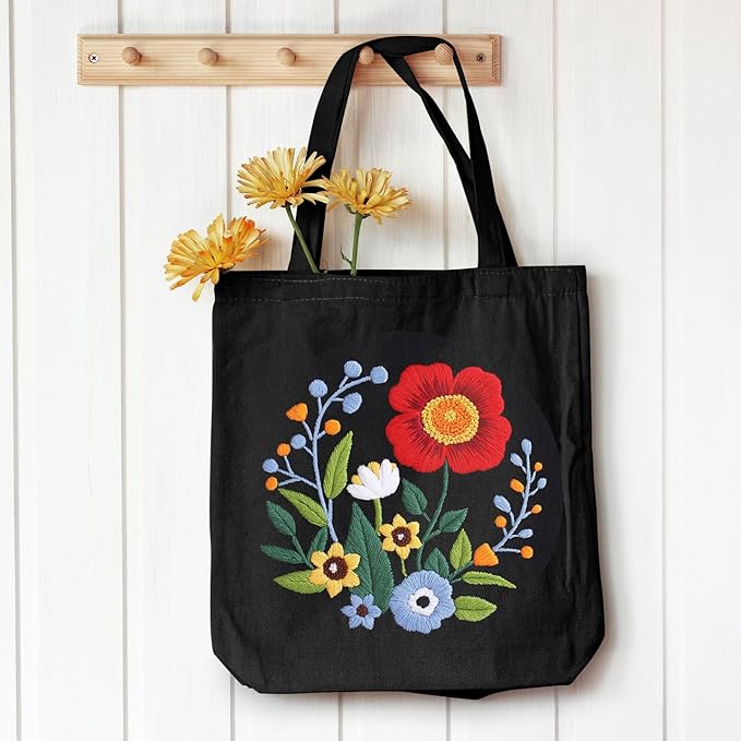 Louise Maelys Embroidery Kits Canvas Tote Bag for Beginners,Cross Stitch Kit for Adults,DIY Crafts and Arts Needlepoint with Florals Pattern,Women Shopping Reusable Grocery Bags