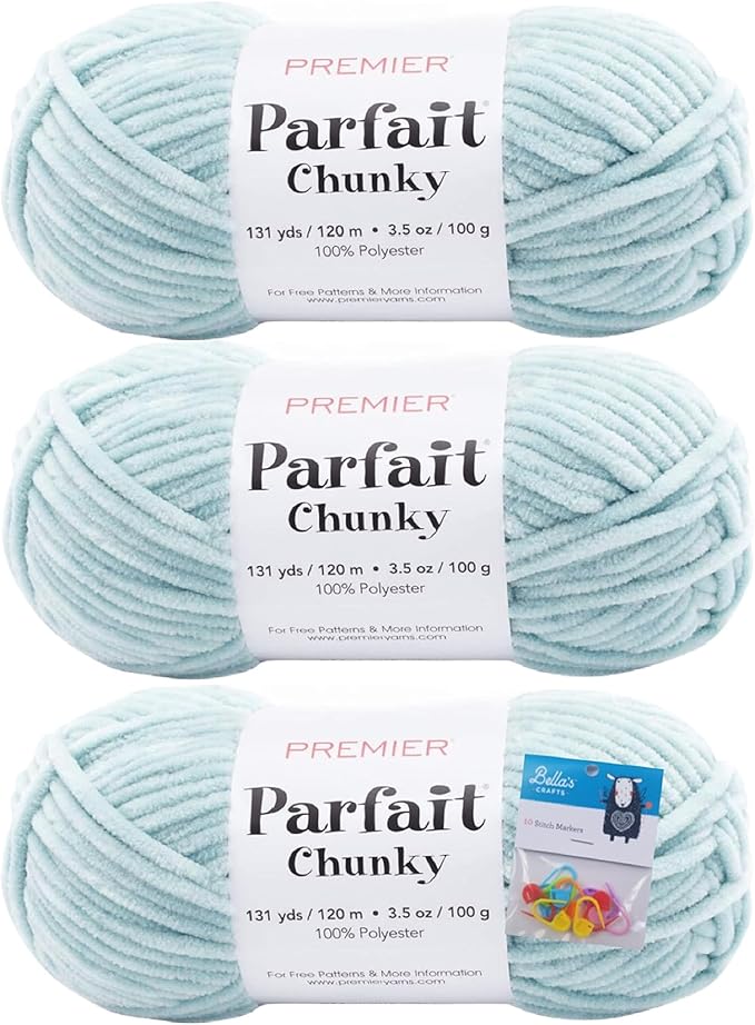 Premier Yarns Parfait Chunky Chenille Yarn 3.5 Oz 6 Super Bulky Weight 3 Pack Bundle with Bella's Stitch Place Holders (Rain)