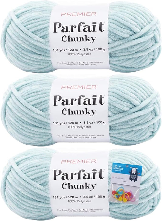 Premier Yarns Parfait Chunky Chenille Yarn 3.5 Oz 6 Super Bulky Weight 3 Pack Bundle with Bella's Stitch Place Holders (Rain)