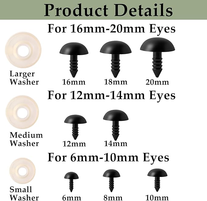 MAOQIAN 294PCS Safety Eyes for Amigurumi, 6-20mm, 8 Sizes Safety Eyes with Washers for Crocheting, DIY Crafts, Stuffed Animals