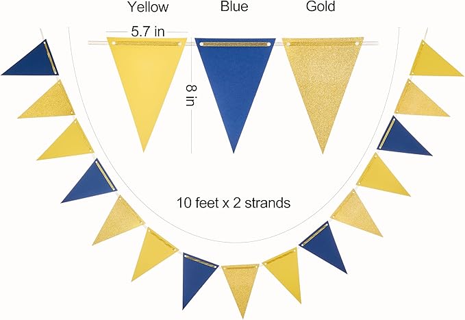 MOWO Gold Blue and Yellow Pennant Banner Paper Bunting Hanging Decoration for Graduation Birthday Wedding Retirement Eid Ramadan Festival Theme Party, Pack of 30 Counts Pennant, 20 feet