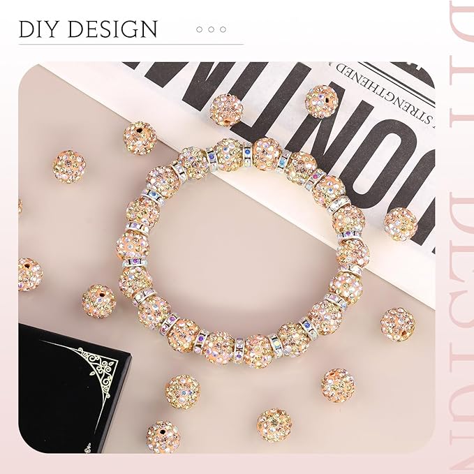 200pcs 10mm Light Peach AB Rhinestone Beads for Jewelry Making, Shiny Round Shamballa Disco Ball Beads, Sparkle Crystal Clay Christmas for Bracelet Baseball Necklace Earring Crafting and DIY