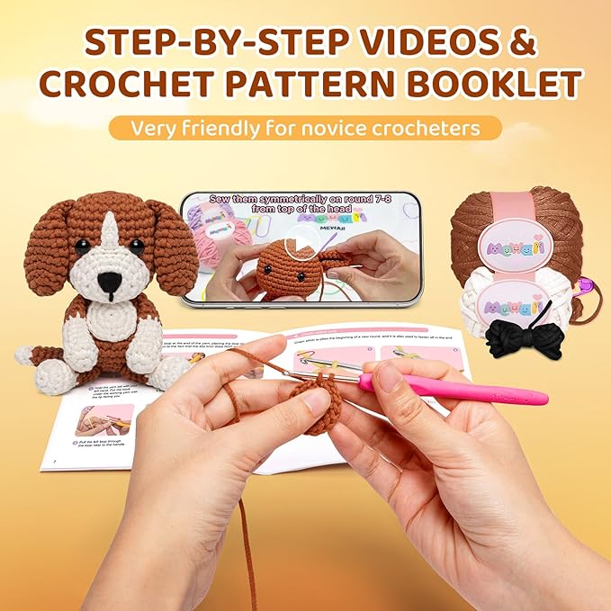 Mewaii Crochet Kit for Beginners Level 2 with 40% Extra Eco-Friendly Pre-Started Easy Yarn, Step-by-Step Video Tutorials for Adults and Kids (Sitting Puppy)