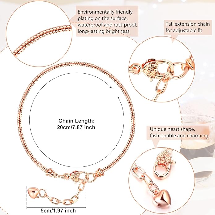 Junkin 12 Pcs Snake Chain Charm Bracelet with Heart Lobster Clasp Extender Adjustable Christmas DIY Metal Bracelet Chain for Women Jewelry Making Gifts Supplies 7.87 Inches