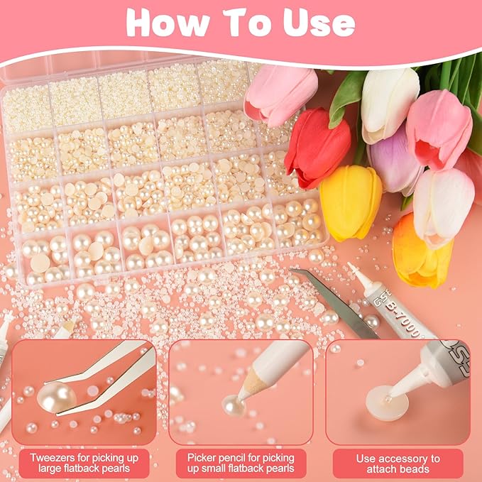 NEBURORA 13000 Pcs Ivory White Flat Back Pearl Kit 8 Sizes with Tweezer and Picker Pencil Beige Half Round Flatback Pearls Beads for DIY Crafts Nails Makeup Clothes