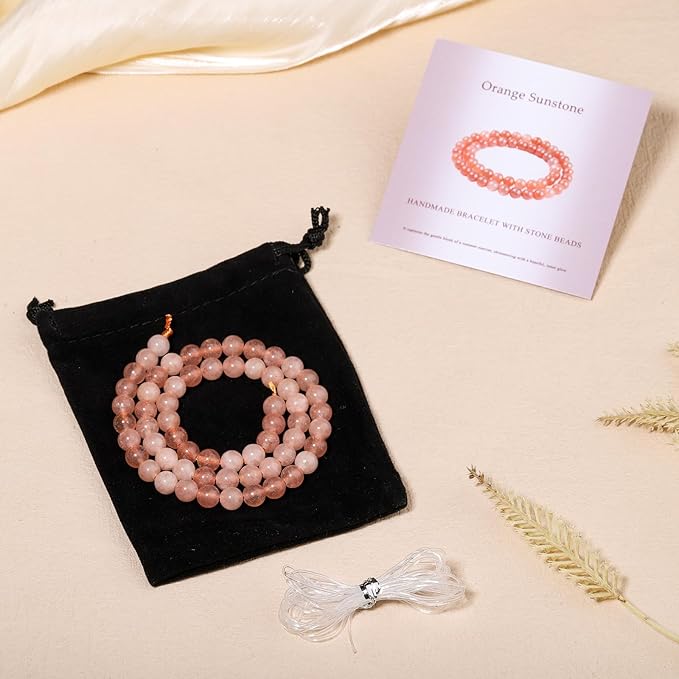 Stone Beads, 60pcs Sunstone, 6mm Round Loose Beads for Jewelry Making, Bracelets, with Bag, String & Card
