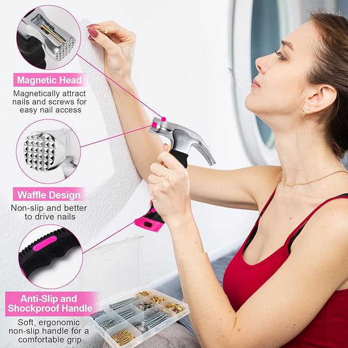 Picture Hanging Kit, 315pcs Hanging Hardware with Hooks, Wire, Nails, D Ring, Wall Hanging Kit with Hangers, Magnetic Level and Small Pink Claw Hammer, nails for hanging pictures for Home Decor