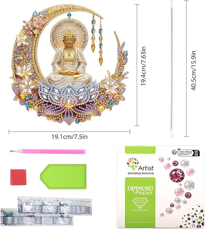 Lxmsja DIY Buddha Statue Diamond Painting Hanging Ornament, Double-Sided Acrylic Lotus Flower Diamond Art Kit, Special Shaped Suncatcher Hanging Pendant Window Art Kit 8x8 inch