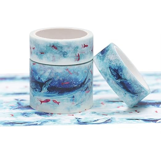 YUBBAEX Cute Printed Washi Tape 3 Rolls Japanese-Style Masking Tape Set Decorative for Arts, DIY Crafts, Journal Supplies, Planners, Scrapbook, Card/Gift Wrapping (Mythical Fish (Wide))