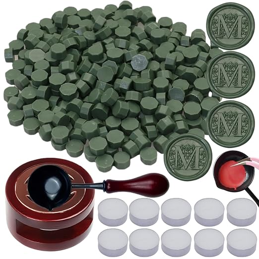 Wax Seal Warmer, ONWINPOR 400pcs Olive Green Sealing Wax Beads Set with Warmer, Non-Slip Spoon, Candles for Envelopes, Stamp Letter Seal, Wedding Invitations (Olive Green)