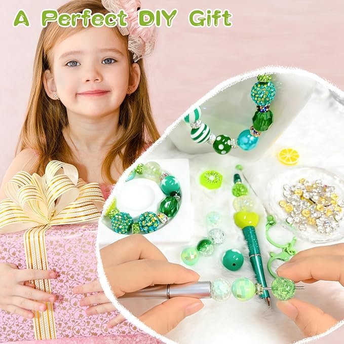 163 Pcs Pen Beads for Beadable Pens: Bubblegum Beads for Pen Making Bulk with Spacer Bead Rhinestone Bead (Green)