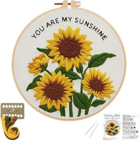 Nuberlic Sunflower Embroidery Kit for Beginners -Adults Starter Cross Stitch Kit DIY Needlepoint with Hoop, Pre-Printed Fabric, Threads & Step-by-Step Guide
