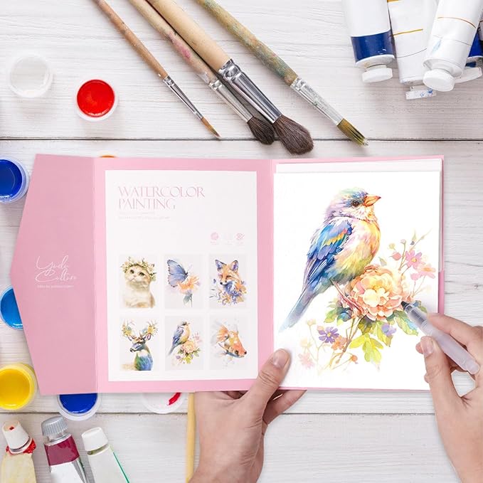 Folemah Beginner Watercolor Workbook Set with Envelope, Brushes and 12-Color Watercolor Paints, Art Supplies and Craft Tools for Teens and Adults (Half-Acre Flower Field)