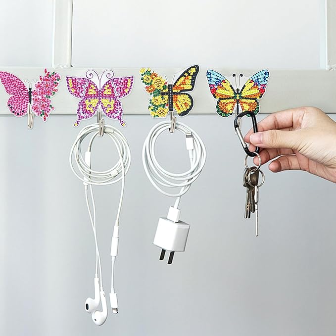antor 8 Pack Butterfly Diamond Art Hooks, DIY Crystal Rhinestone Diamond Painting Wall Hangers Kit for Adults, Traceless Adhesive Hooks for Keys, Towels, Bags, Kitchen & Room Decor