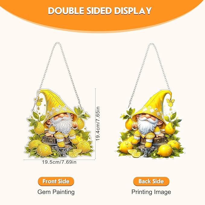 NEWENMO Diamond Art Hanging Kit for Adult, Lemon Gnome, DIY Double Sided Acrylic Special Shaped Diamond Art Painting Window Pendant Lemon Party Gnome, Home Garden Wall Hanging Ornament Kits