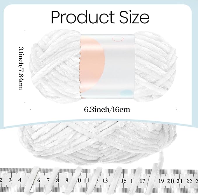 Xinnun 12 Skeins 1116 Yards Chenille Velvet Soft Thick Plush Yarn Bulk for Crocheting Knitting Blanket DIY Weaving Craft, 6mm, 3.5 Oz/Skein(White)