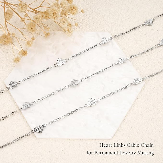 GTVOODX 16.4 Feet Dainty Heart Links Cable Chain for Jewelry Making, Silver Stainless Steel Chain Spool Bulk for Necklace Bracelet Craft DIY Permanent Jewelry Supplies