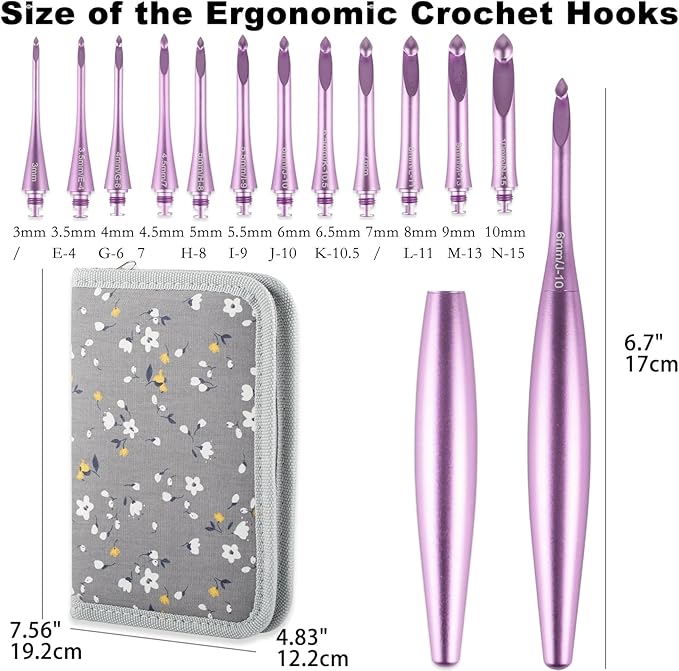 Svartur Interchangeable Crochet Hook Set with 12 Hooks – Ergonomic Crochet Hooks Large Handle, US Sizes E-4 to N-15 (3mm–10mm), Smooth & Lightweight, Crochet Kit with Storage Case, Purple